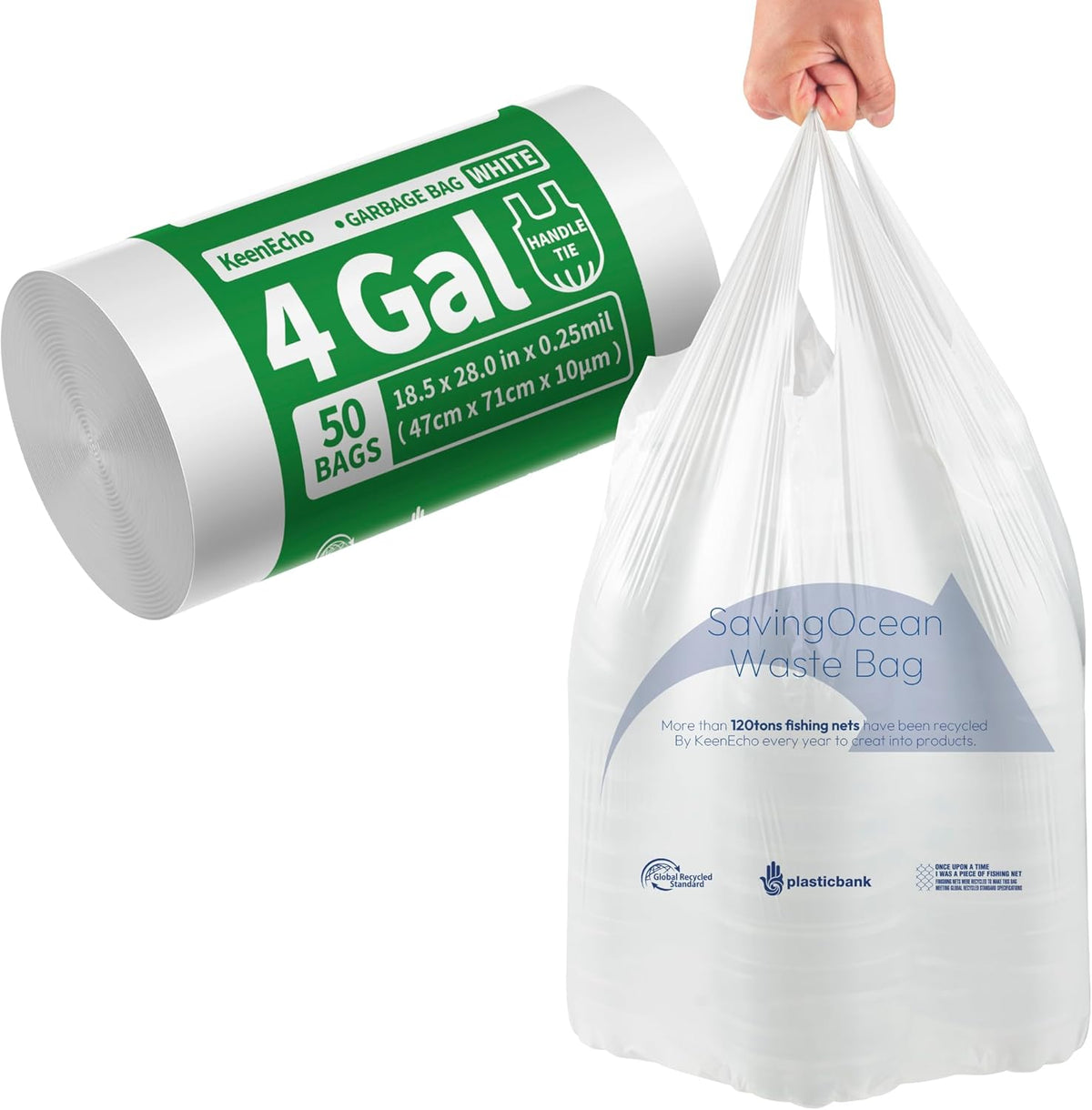 Small Trash Bags with Handles 4 Gallon 50 Count White - Ocean Plastic Upcycling - Plastic Garbage