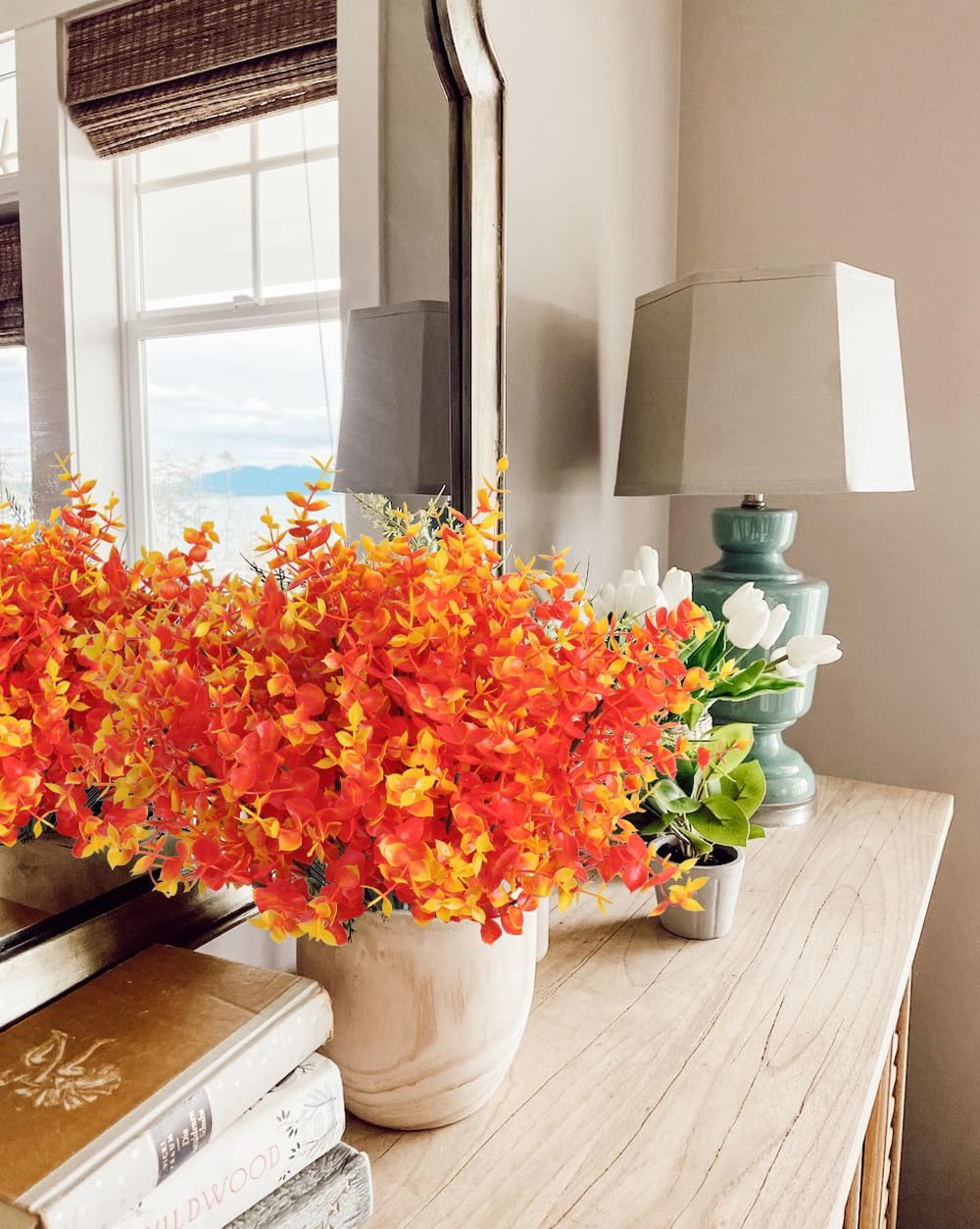 RECUTMS Artificial Outdoor Mums Artificial Eucalyptus Stems Faux Outdoor Boxwoods Faux Flowers for