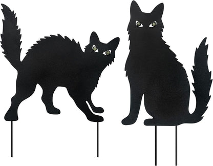 WAIU Halloween Metal Cat Yard Stakes Glow in The Dark Black Cat Silhouette Outdoor Decor for Garden