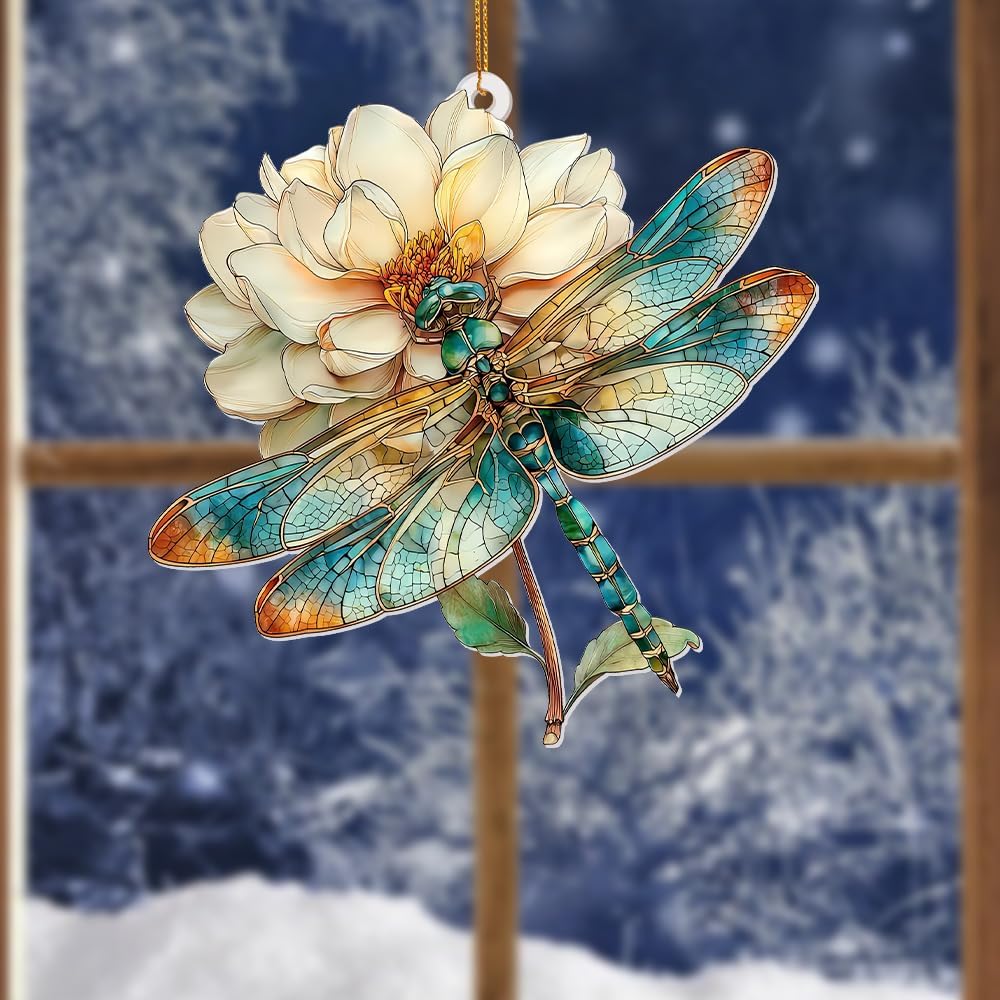 Dragonfly Ornament Stained Glass Style – Acrylic Window Hanging Suncatcher with Flower, Dragonfly