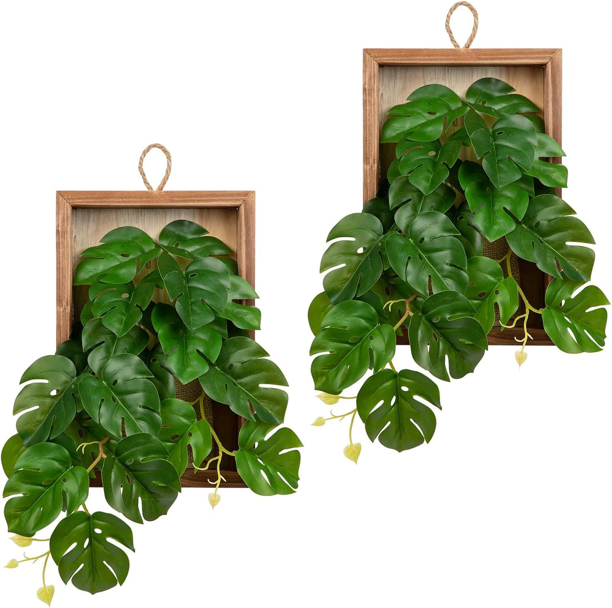 DILATATA Artificial Hanging Plants with Wooden Frame 2 Pack Faux Monstera Leaves Hanging Vine