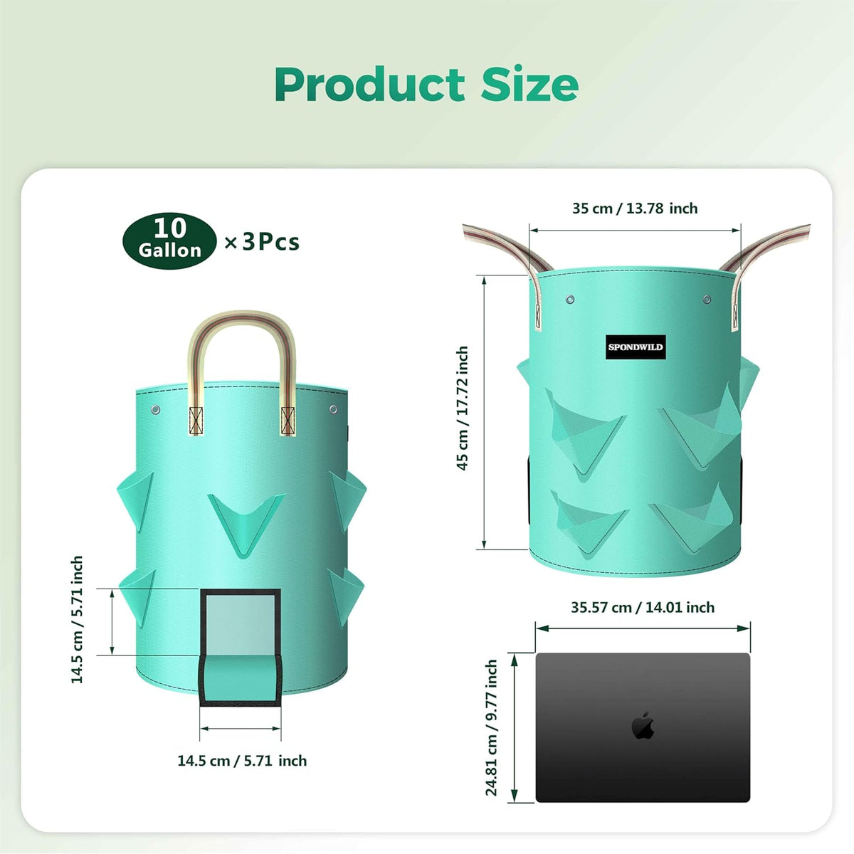 3 Pack 10 Gallon Strawberry Grow Bags, Heavy Duty Reusable PE Pots with Breathable Window, Branch &