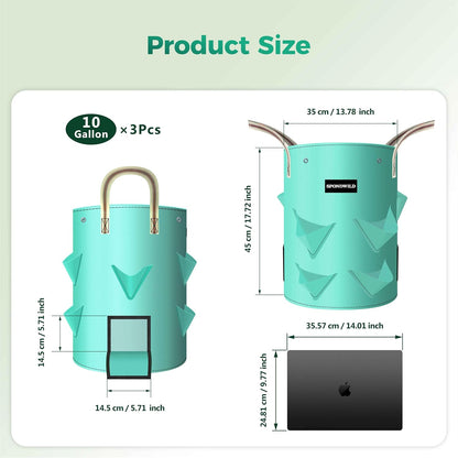 3 Pack 10 Gallon Strawberry Grow Bags, Heavy Duty Reusable PE Pots with Breathable Window, Branch &