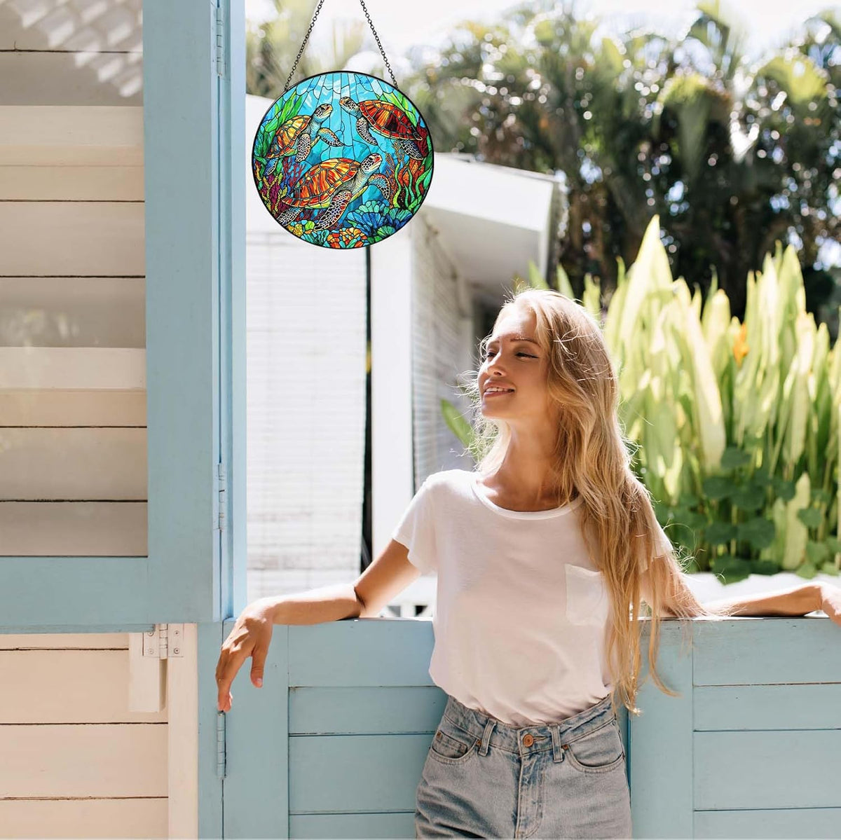 Sea Turtle Stained Glass SunCatcher Window Hanging Sea Turtle Gifts for Women Handmade Sun Catcher