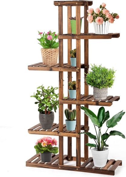 COSTWAY 6-Tier Multifunctional Wood Flower Stand, Shelf Holder for Multiple Plants, Freestanding