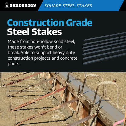 Sandbaggy 36" Square Steel Concrete Form Stakes with Nail Holes - 5/8" Wide - Rust Resistant