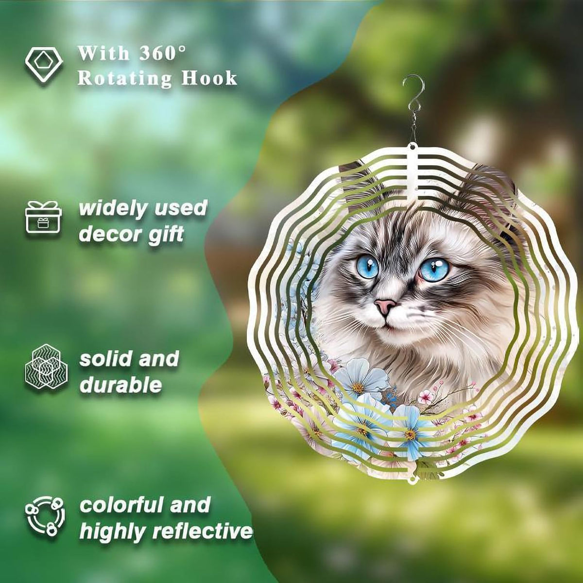 10 Inch Cat Wind Spinner, 3D Stainless Steel Hanging Kinetic Wind Sculpture Gifts for Garden Decor