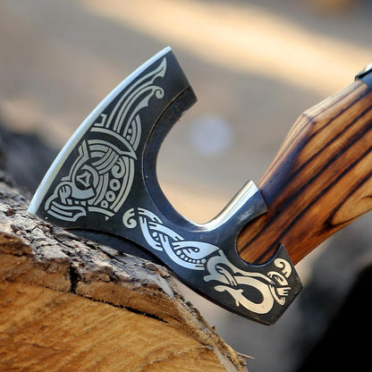 SHINY CRAFTS® Handcrafted Decorative Viking Axe with Leather-Wrapped Handle & Sheath – Engraved