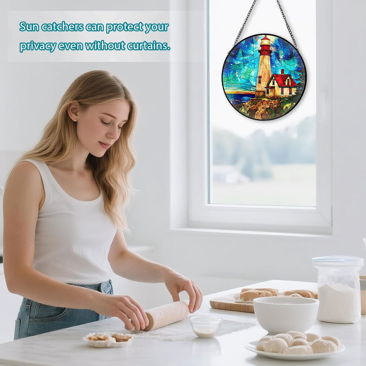 Lighthouse Stained Glass Window Hanging, Suncatcher Diamond Glass Panel Hangings, Suncatchers