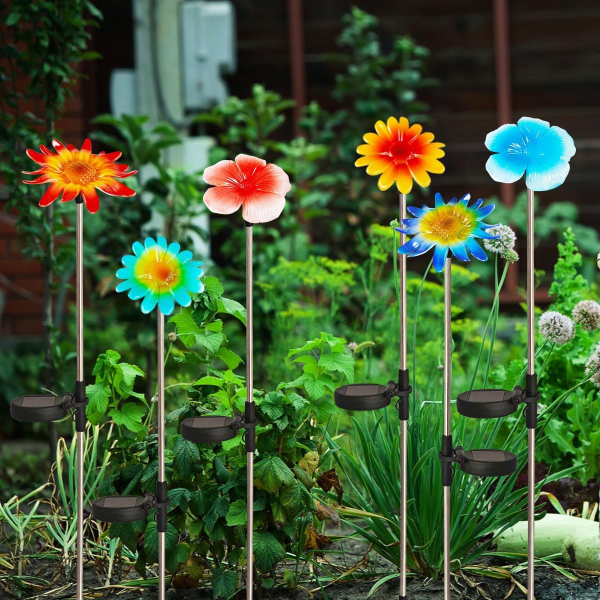 EiGreen 6 Pack Solar Garden Lights Outdoor Decor,Stake Yard Figurine Colorful Flower Light