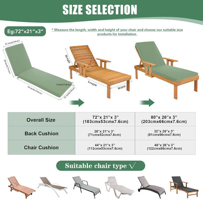 Chaise Lounge Cushions Outdoor Set of 2 - Waterproof and Fade Resistant Sun Lounger Replacement