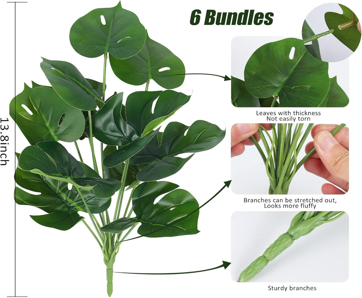 RECUTMS 6 Bundles Fake Plants Artificial Tropical Palm Leaves Tree Faux Monstera Shrubs Green Plant