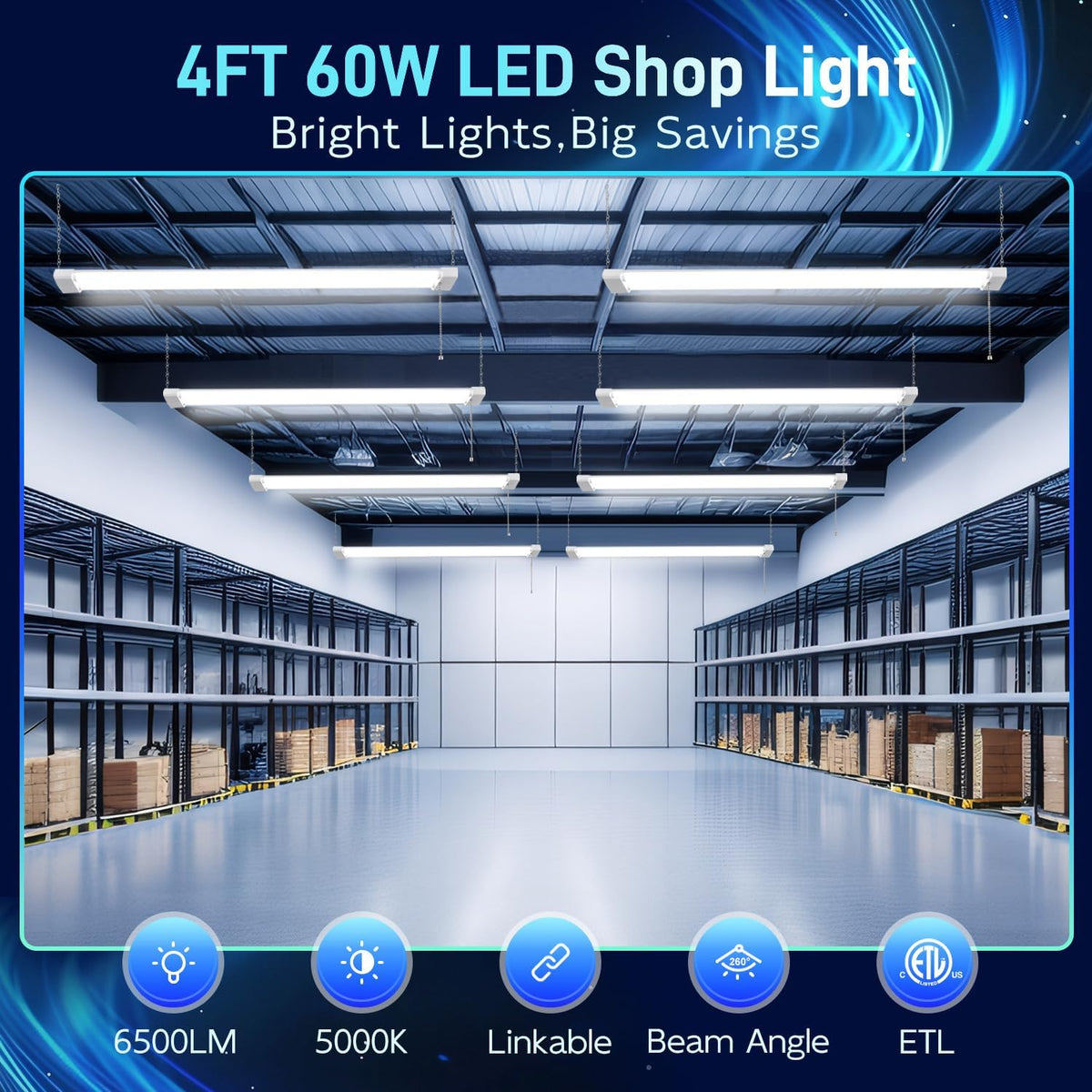 hykolity 1 Pack 4FT Linkable LED Shop Light for Garage, 6500lm, 4FT 60W Utility Light Fixture