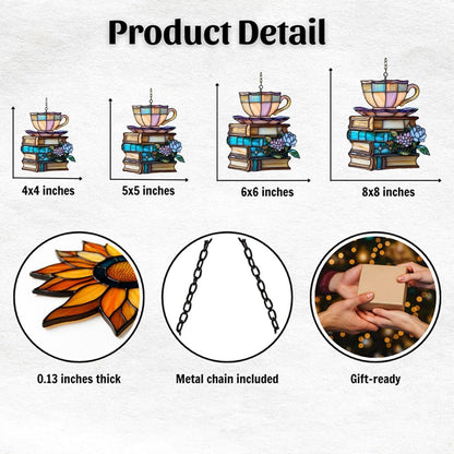 Flowers Book and Tea Acrylic Suncatcher Stained Glass Effect Window Car Hanging Christmas Ornament