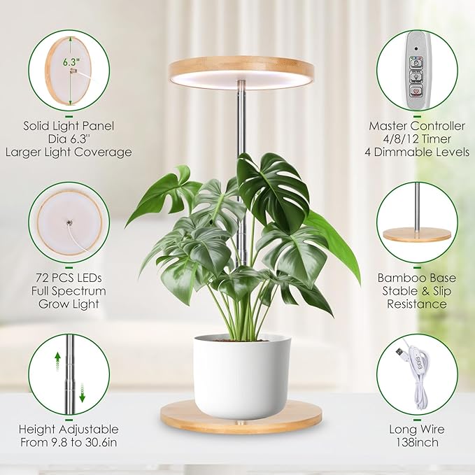 LORDEM Bamboo Grow Light, LED Plant Light for Indoor Plants Growing, Full Spectrum Bamboo Desk