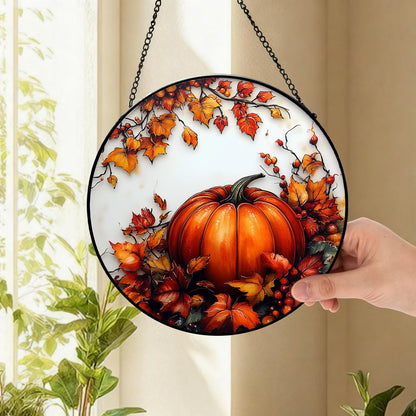 Pumpkin Maple Leaf Suncatcher -7.9 in Stained Glass Window Hanging Sun Catcher Garden Decor
