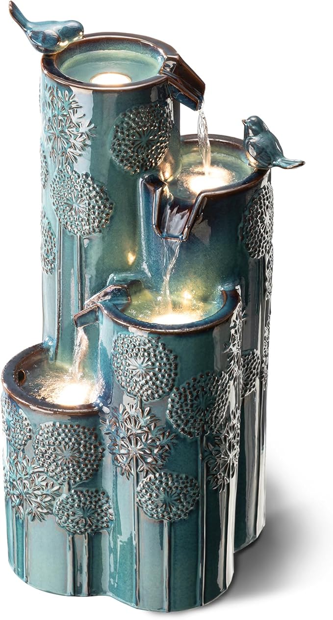 Glitzhome 31.75" H Outdoor Water Fountain with LED Lights and Pump, 4 Tier Dandelion Texture Vase