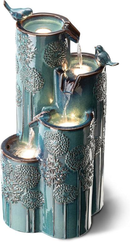 Glitzhome 31.75" H Outdoor Water Fountain with LED Lights and Pump, 4 Tier Dandelion Texture Vase