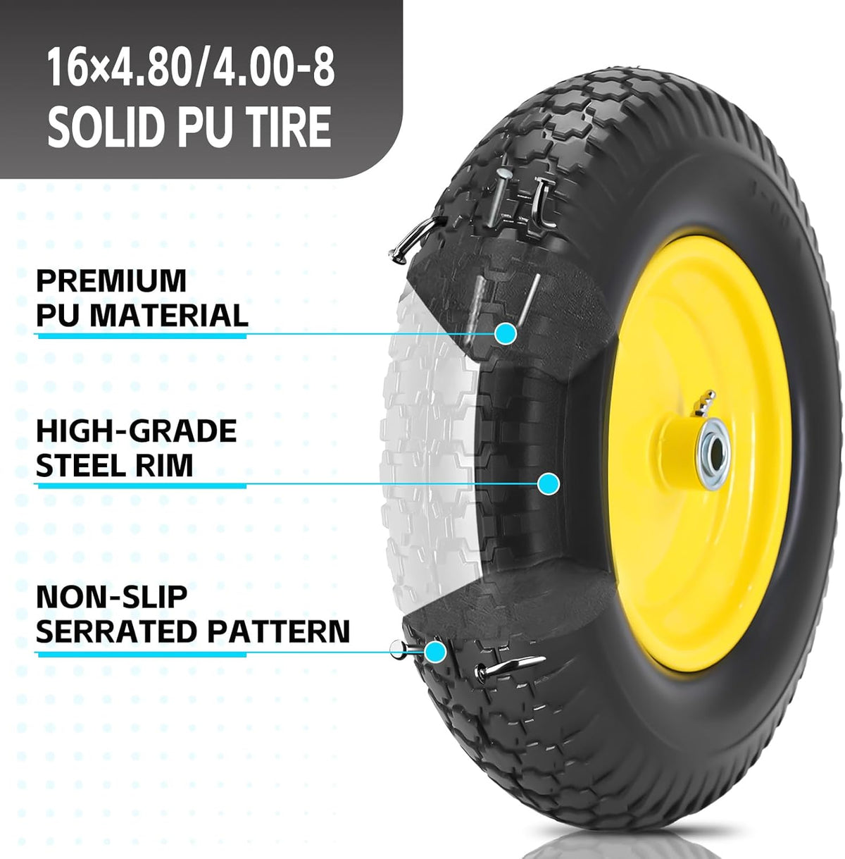 16" 4.80/4.00-8" Flat-Free Solid Wheelbarrow Wheel and Tire, 3"-7"Centered Hub with 5/8"&3/4"