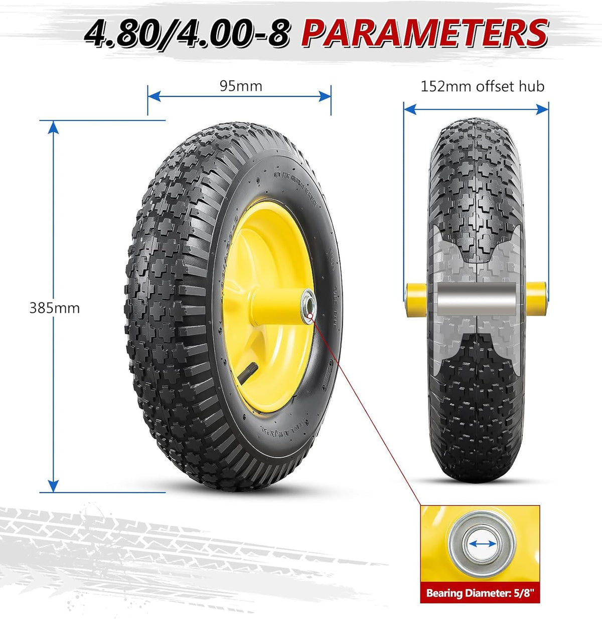 4.80/4.00-8 Tires and Wheels, Replacement Pneumatic Tires 15-Inch Wheel with 5/8" Bearings