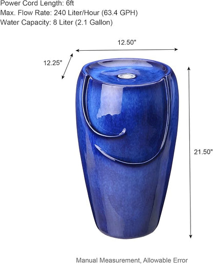 Glitzhome Ceramic Vase Outdoor Water Fountain Tall Patio Garden Water Fountain with LED Light and