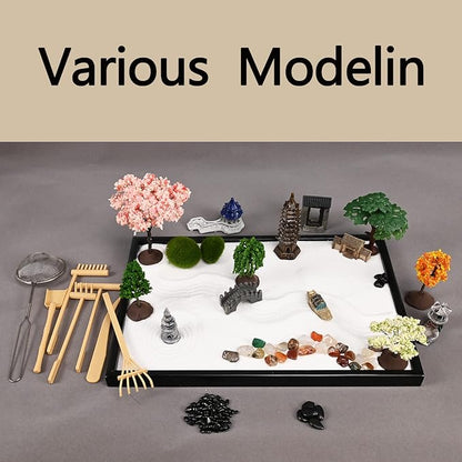 14" x 10" Large Japanese Zen Garden Kit for Desk – Includes 25+ Accessories: Sand Tray, Rake