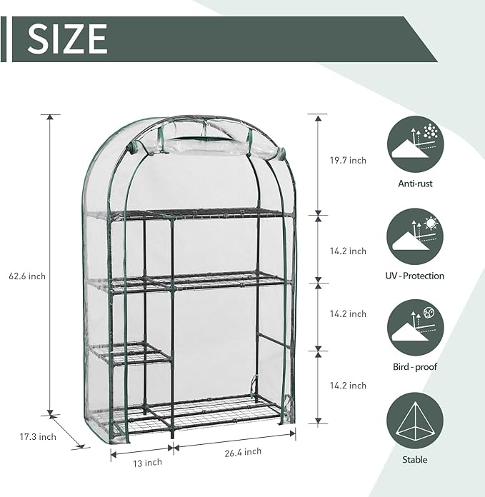 4-Tier Mini Greenhouse, 40 x 18 x 63 inch Steel Frame and PE Cover Plastic Plant Rack Stand Green