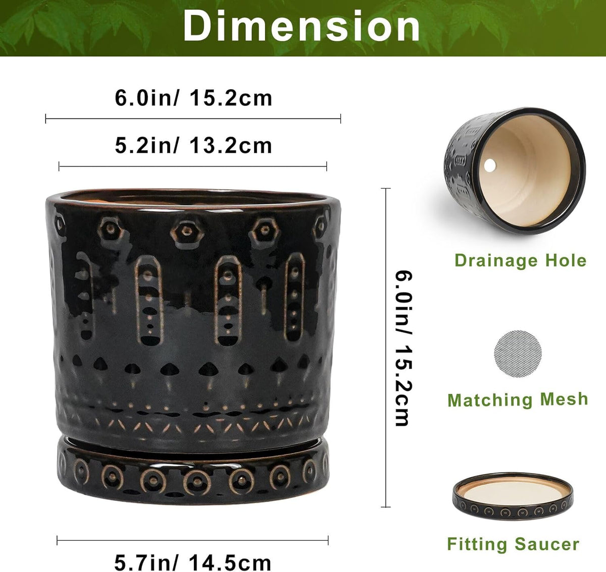 Ceramic Plant Pots - 6 Inch Ceramic Planter for Indoor Outdoor, Round Flower Pots with Drainage