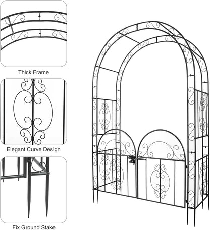 84in High Metal Garden Arbor with Gate, Heavy Duty Wide Garden Arch, Metal Arch Trellis with Gate