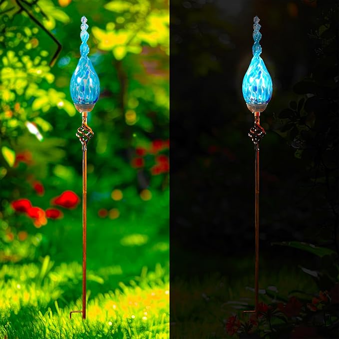 Solar Garden Lights Outdoor, Decorative LED Flame Garden Stakes, Hand Blown Glass and Outdoor