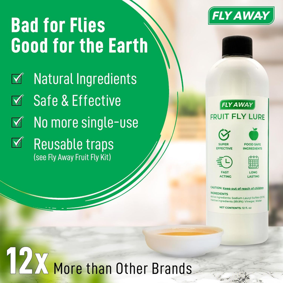 Fly Away Fruit Fly Liquid Lure - Trap Fruit Flies Fast. Safe Around Food. Fruit Fly Trap Indoor