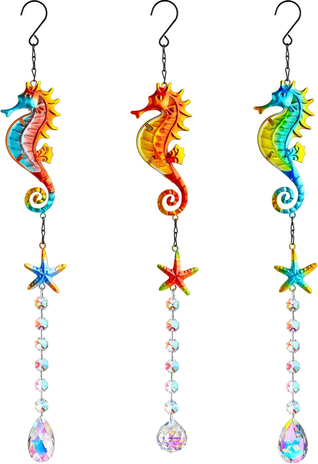 3PCS Metal Seahorse & Starfish Hanging Sun Catchers with Crystals, Colorful Crystal Prisms Stained