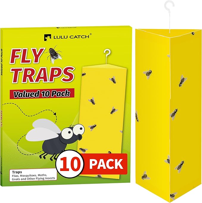 LULUCATCH Sticky Fly Traps, 10 Pack Fly Traps Indoor with Hanging Hook, Odorless Yellow Sticky Gnat