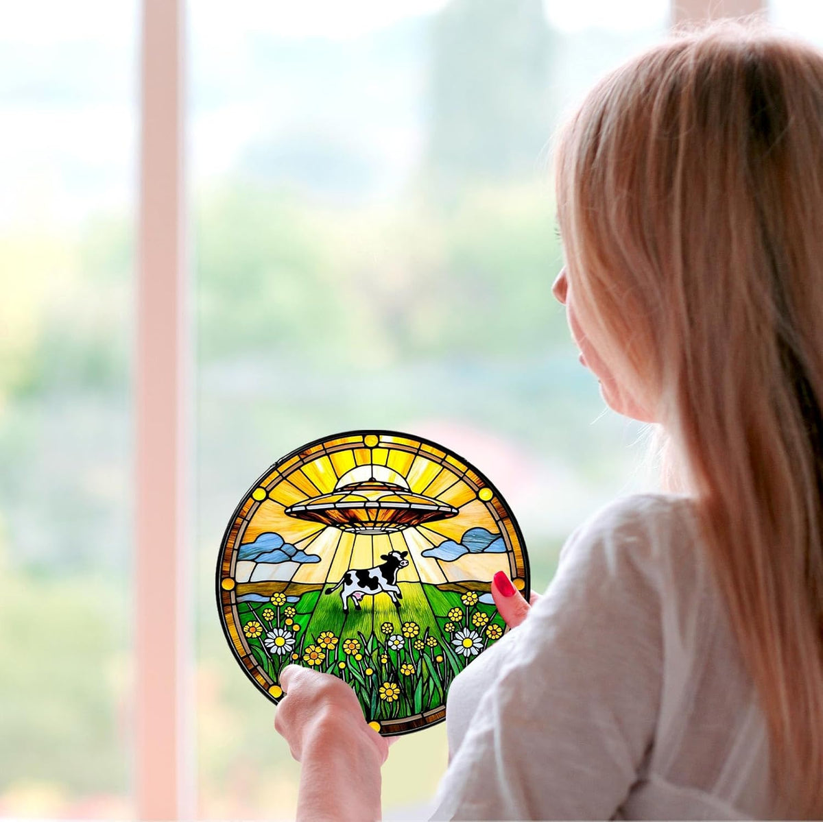 Cow Wildflowers Stained Glass Window Hanging UFO Abduction Sun Catcher Funny Gifts for Women Room