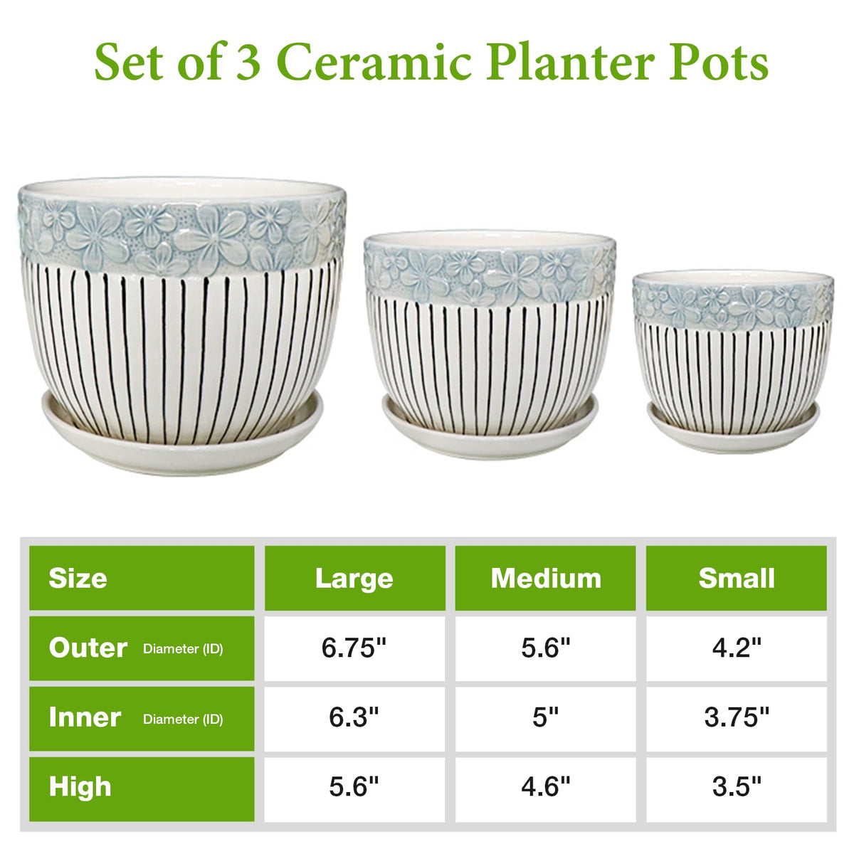 Hlukana Ceramic Plant Pots Set of 3, 6.75/5.6/4.2 inch Planters with Drainage Holes and Saucer