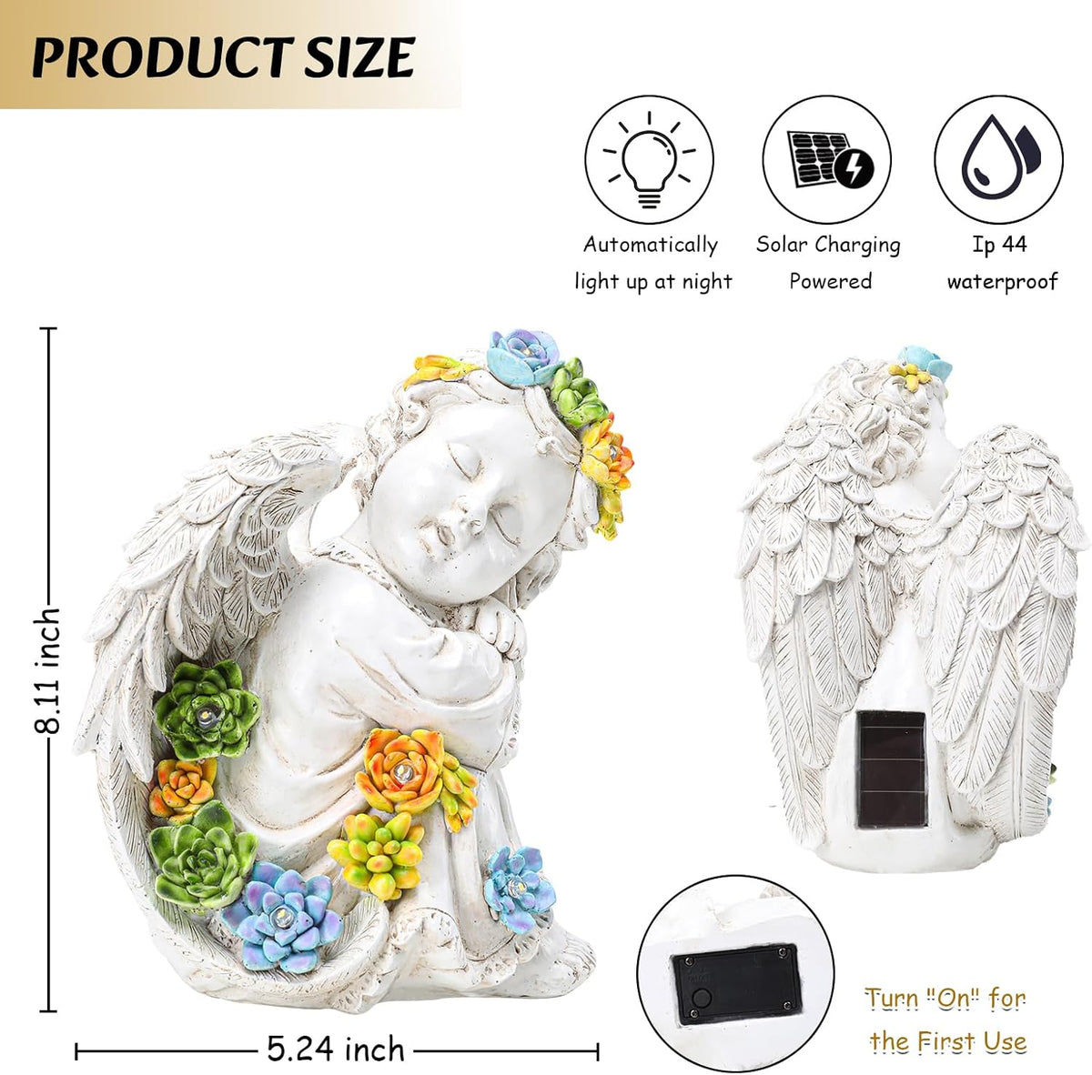 Solar Cherub Angel Outdoor Garden Decor Statues - 8 inches Angel Figurines Outdoor Sculptures with