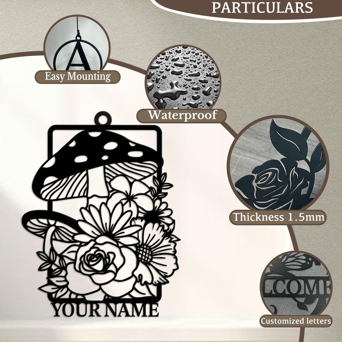 Personalized Customize Name Fantasy Mushroom Wonderland Wind Chime, Metal Iron 37 Inch Outdoor
