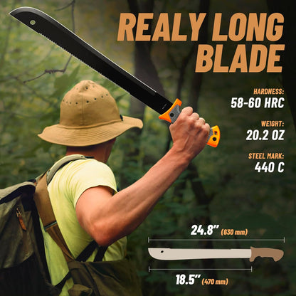 Machete with Saw - 25” Heavy Duty Tool & Sheath - Ergonomic No-Slip Handle - Survival Knife with