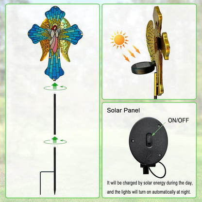 WAIU 33 Inch Solar Cross Garden Light Outdoor Decorative - Solar Acrylic Jesus and Metal Angel