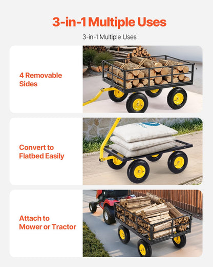 VEVOR 1200 Lbs Steel Garden Cart, Heavy Duty Pullable Garden Wagon Yard Cart, 2 in 1 Outdoor Metal