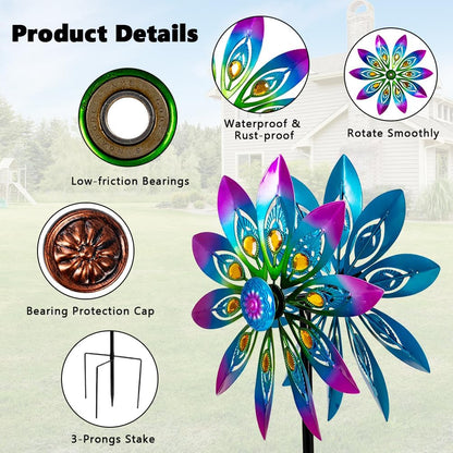 Metal Wind Spinner,13” Wind Spinners Outdoor,Peacock Windmill with Stake,Kinetic Wind Spinners for