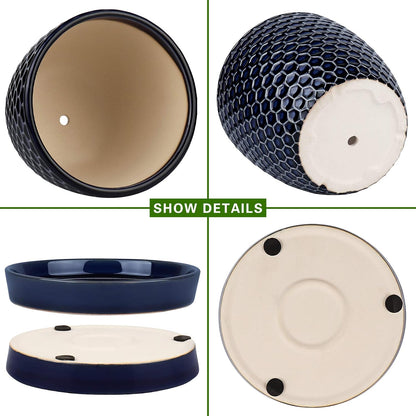 Docrin Ceramic Plant Pots Indoor, 6.6 + 5.5 Inch Planters with Drainage Holes and Saucer for