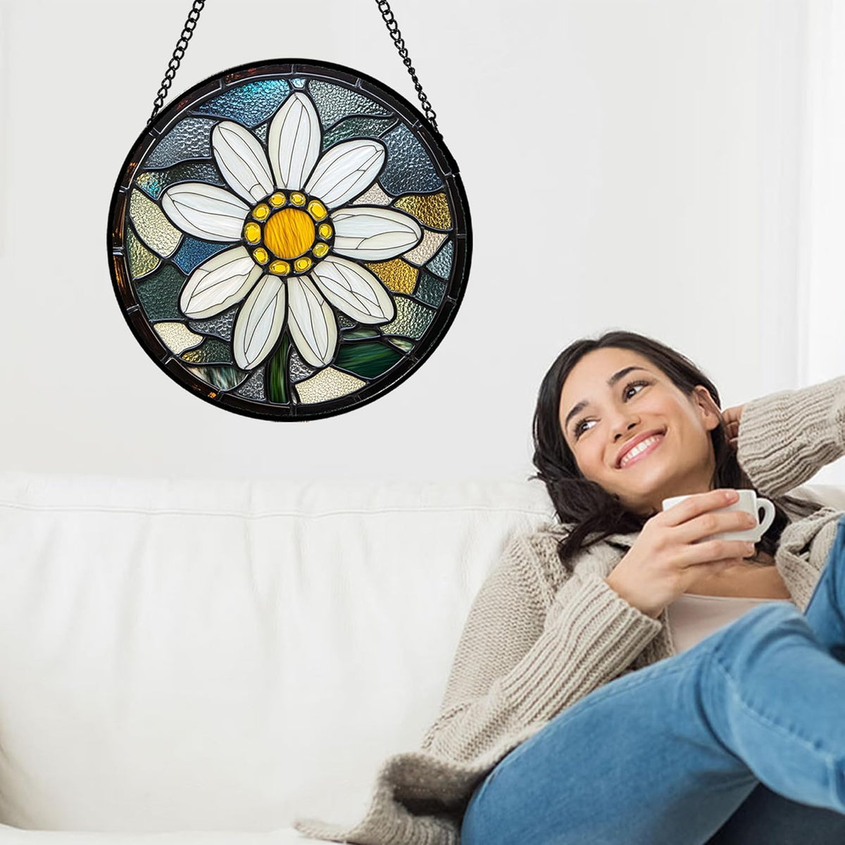 Stained Glass Window Hanging - Yellow White Daisy Birth Flower Suncatcher for Door Garden Yard Sun