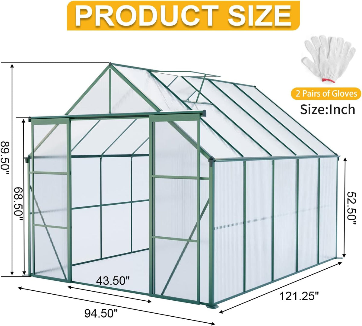 KEIKI 8x10 FT Double Door Polycarbonate Greenhouse with Aluminum Frame,Raised Base and Roof