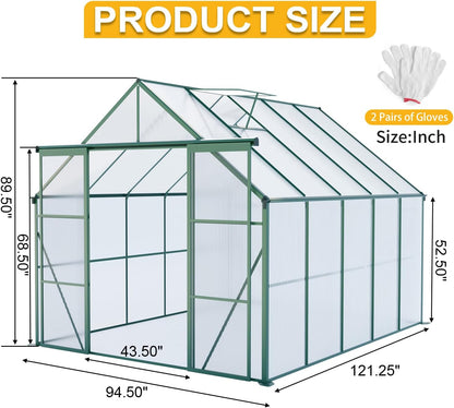 KEIKI 8x10 FT Double Door Polycarbonate Greenhouse with Aluminum Frame,Raised Base and Roof