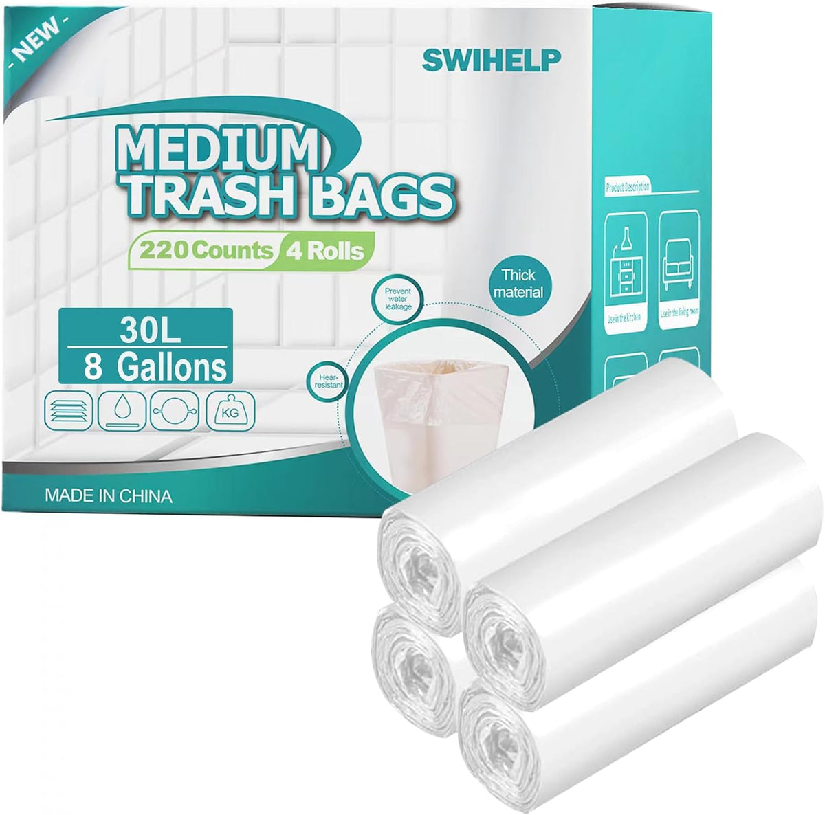 SWIHELP Medium Garbage Bags 8 Gallon /30 Liter Trash Bags Wastebasket Bin Liners Plastic Trash Bags