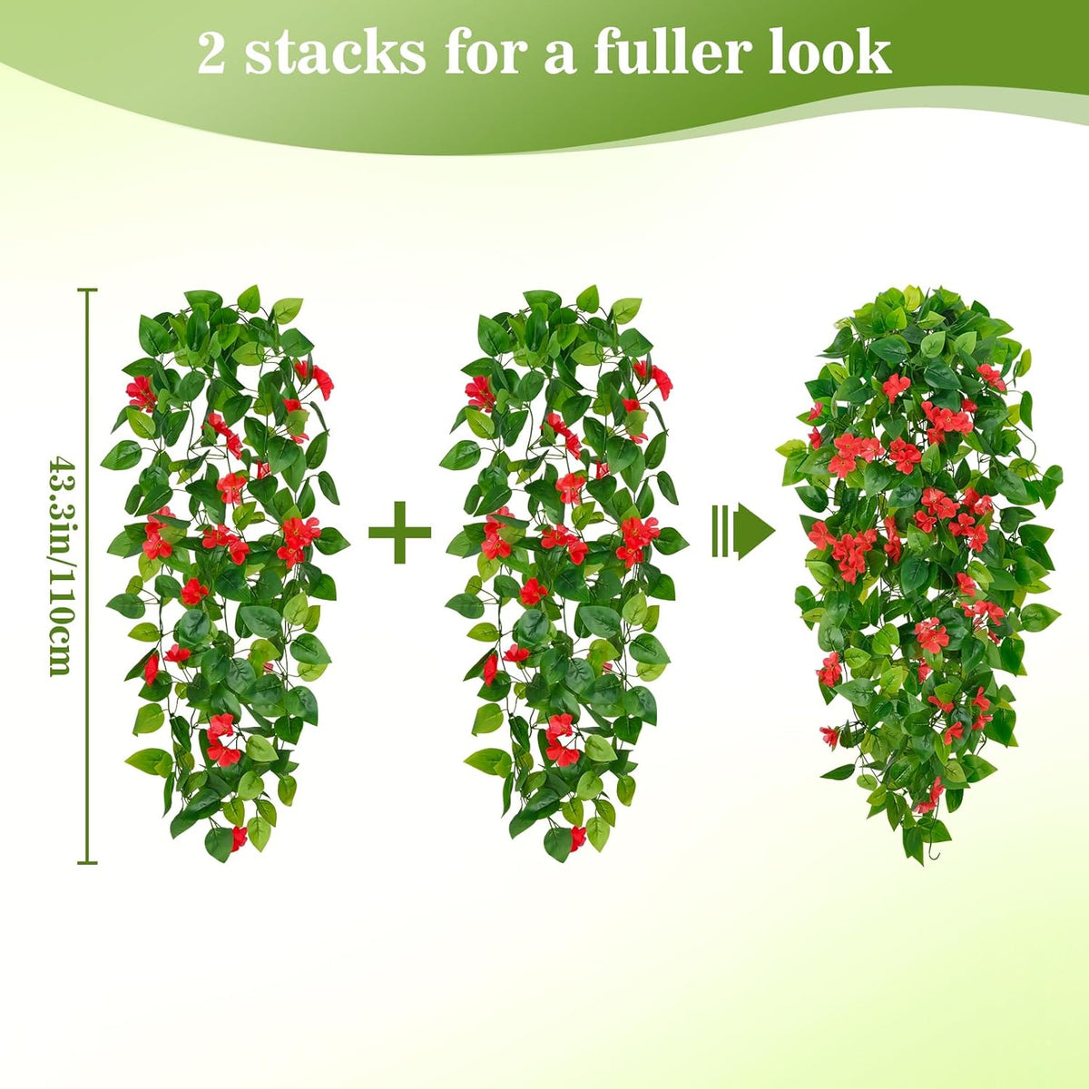 BLEUM CADE Artificial Hanging Flowers for Outdoors, 2pcs Fake Hanging Plants Pothos Vines with Red