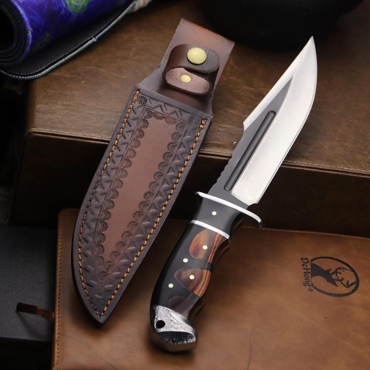 (DeHong-88 Hunting Knife, 7.1" (about 18 cm) Fixed Blade Tactical knife ，Configure leather