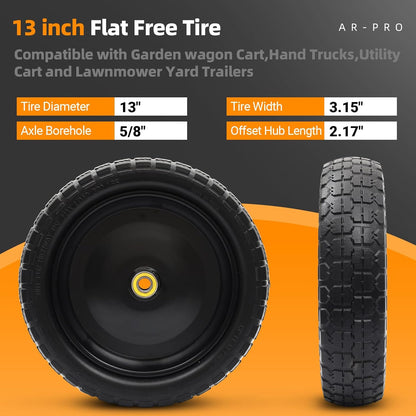 AR-PRO (4-Pack) 13" Flat Free Tire and Wheel - with 5/8" Axle Bore Hole, 2.17" Offset Hub - 13 lnch