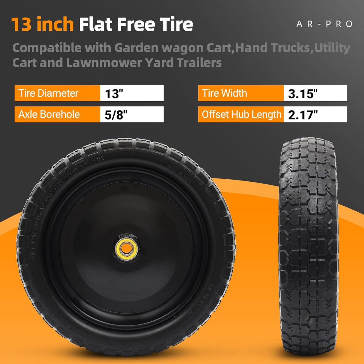 AR-PRO (2-Pack) 13" Flat Free Tire and Wheel - with 5/8" Axle Bore Hole, 2.17" Offset Hub - 13 lnch